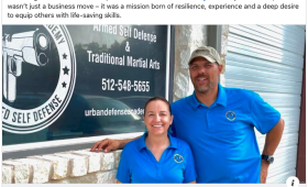 A snapshot of the cover of the Liberty Hill Independent's Business Feature Friday article about Urban Defense Academy and Brian and Gigi Simmons in Liberty Hill Texas