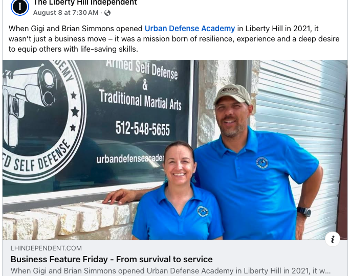 A snapshot of the cover of the Liberty Hill Independent's Business Feature Friday article about Urban Defense Academy and Brian and Gigi Simmons in Liberty Hill Texas