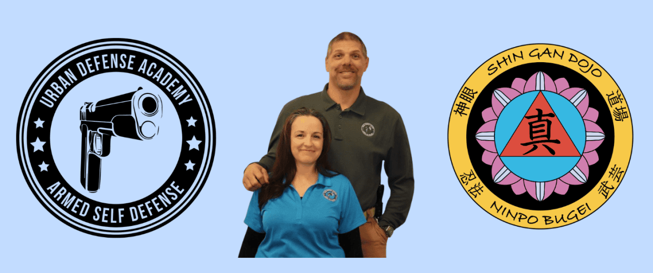 Urban Defense Academy logo. Photo with Brian and Gigi Simmons. Shin Gan Dojo logo.