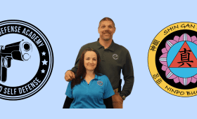 Urban Defense Academy logo. Photo with Brian and Gigi Simmons. Shin Gan Dojo logo.